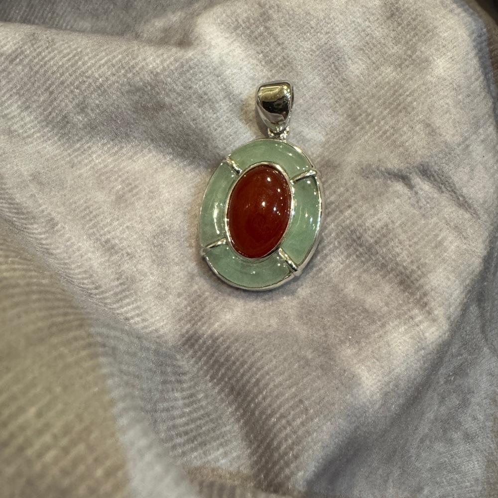 Elegant‎ Double Sided Jade Nephrite Carnelian sterling silver 925 Pendant Large